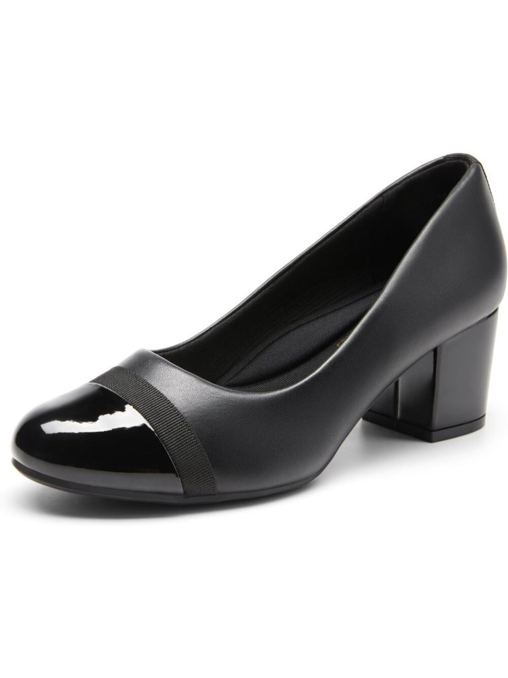 Women's Black Pat Chunky Block Heel Pump Round Toe Non Slip Outsole Dress Shoes